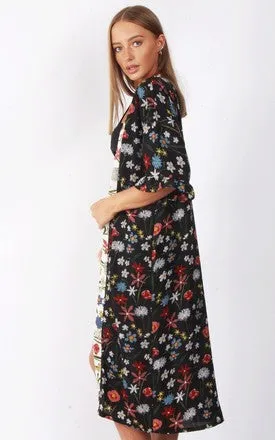 Maxi Long Floral Print Ruffle Sleeve Summer Holiday Kimono Jacket