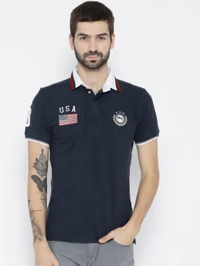 Men Navy Blue Solid Polo Collar T-shirt