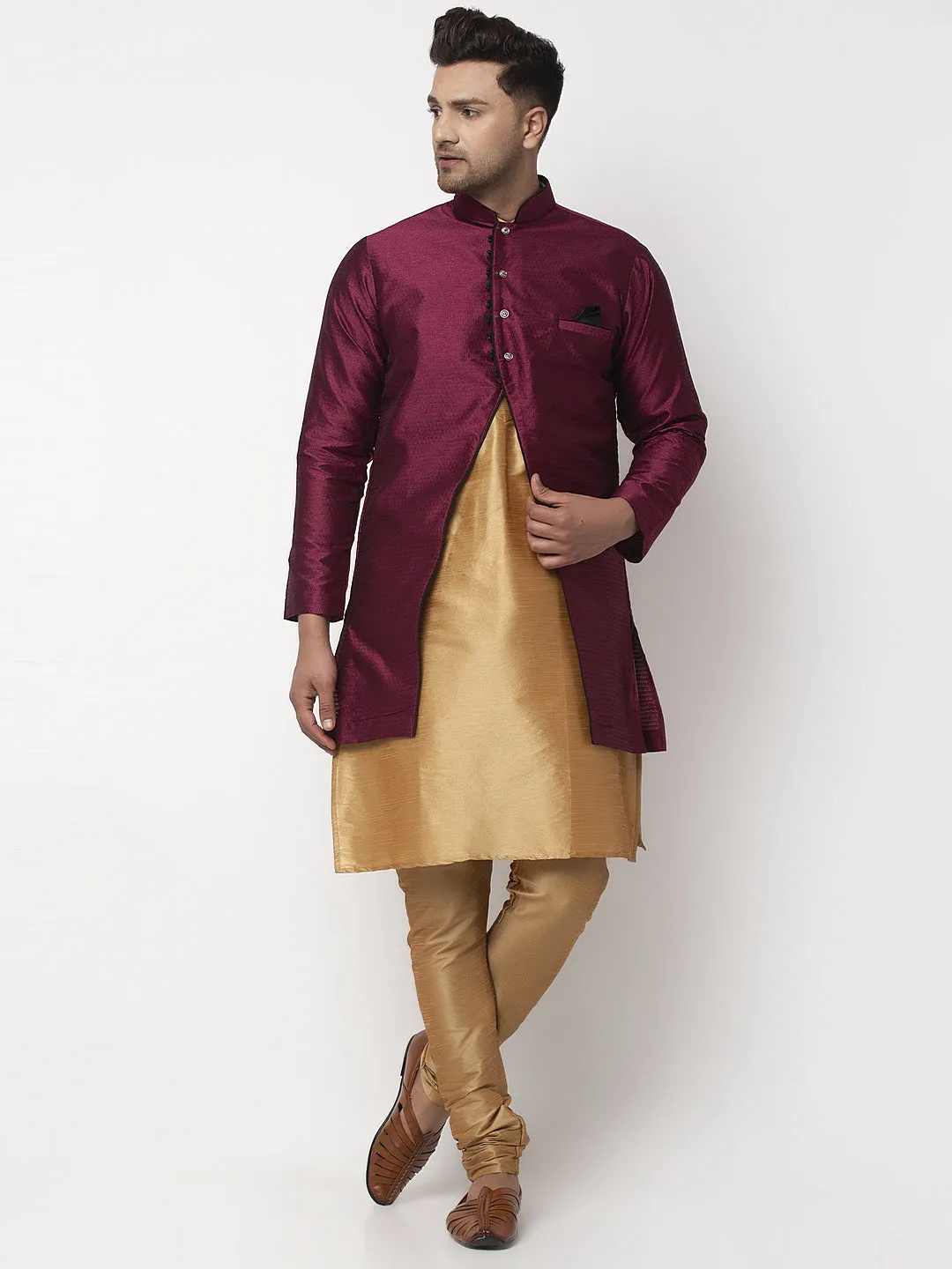 Men's Copper Kurta With Pyjama & Burgundy Self Design Jacket - Benstoke