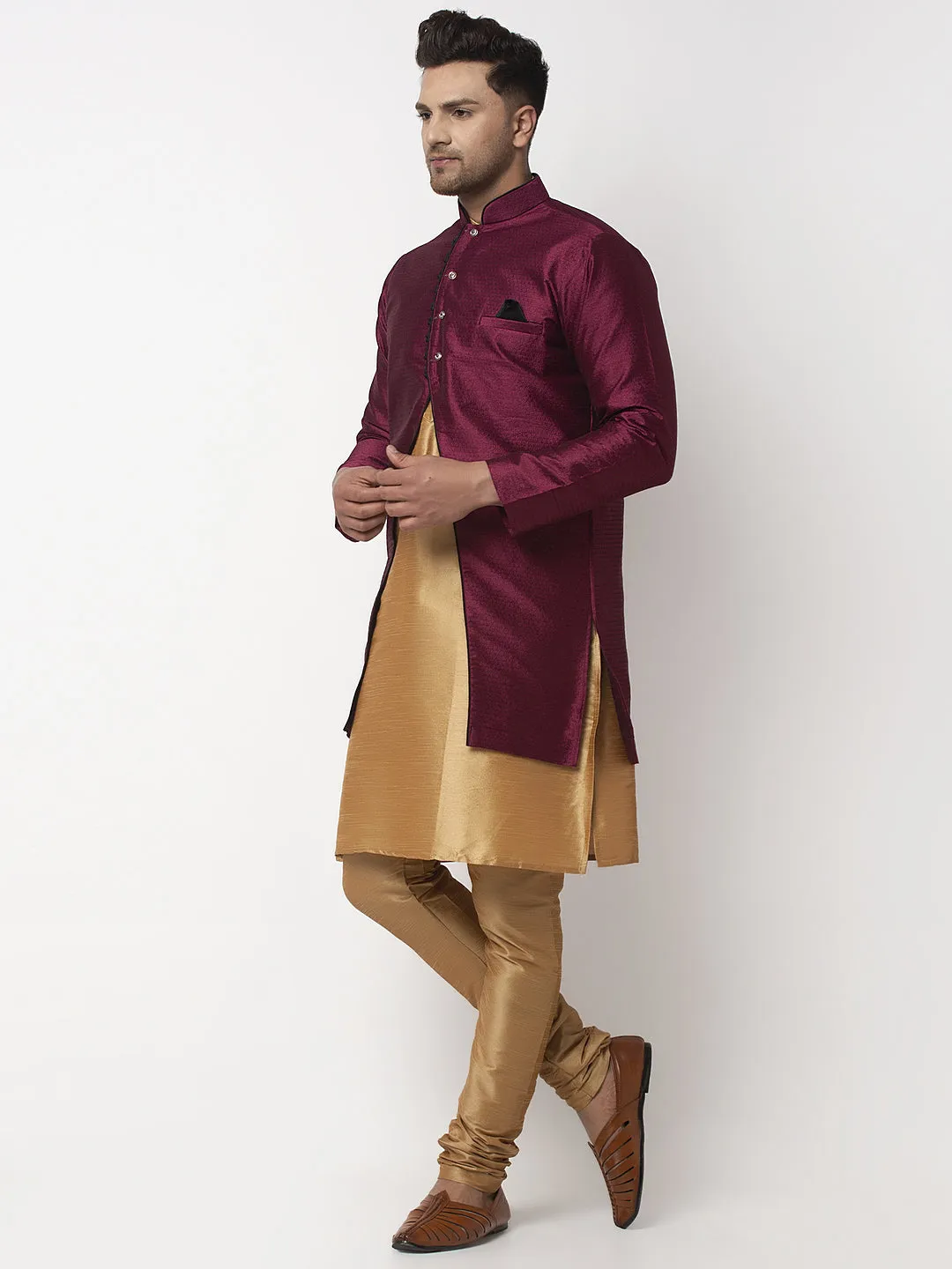 Men's Copper Kurta With Pyjama & Burgundy Self Design Jacket - Benstoke