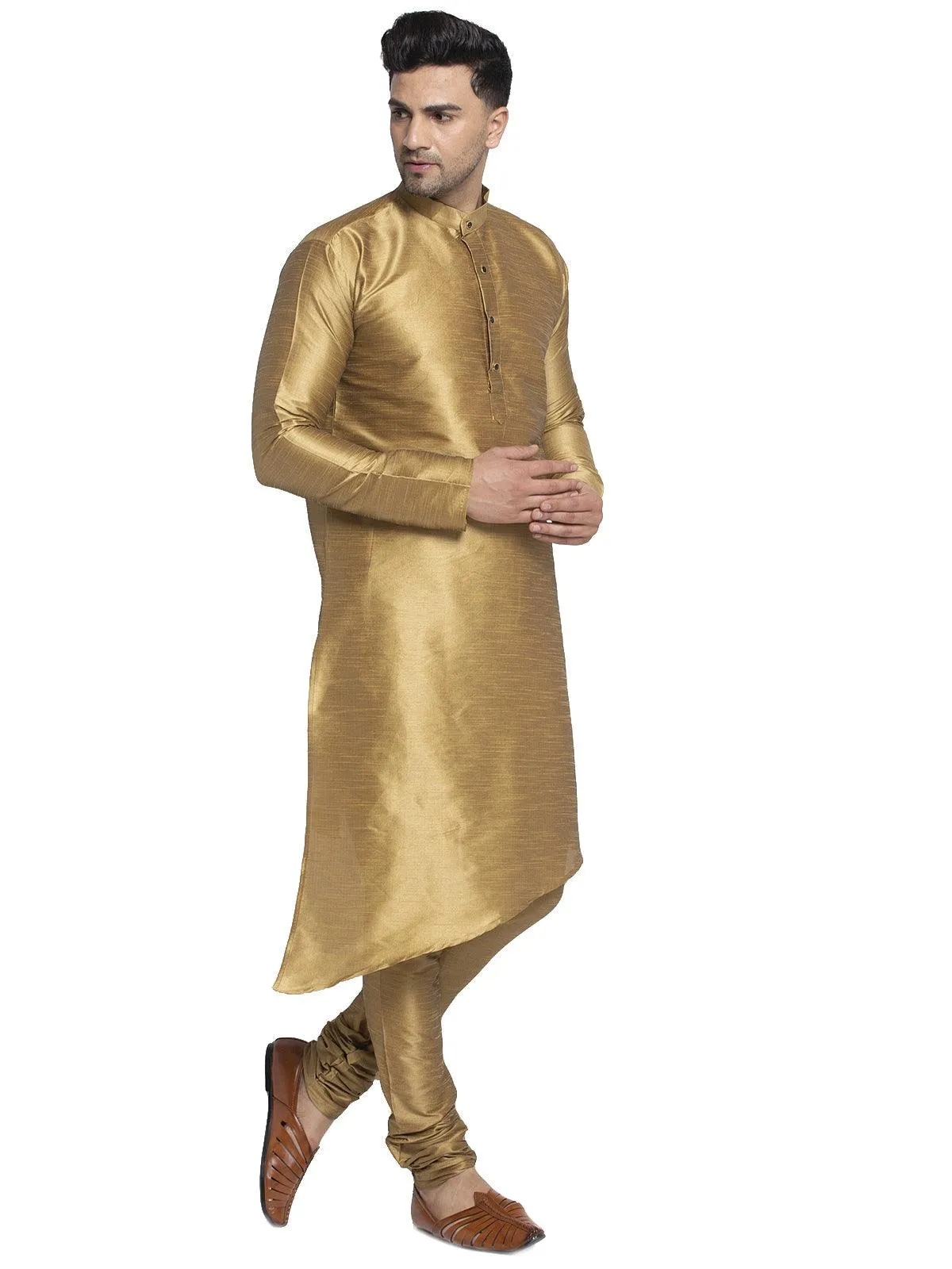 Men's Copper Solid Asymmetric Kurta With Churidaar Pyjama - Benstoke