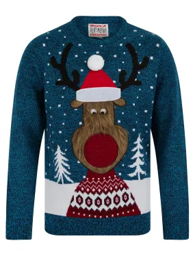 Men's Deerer Motif Novelty Christmas Jumper in Christmas Ink / Blue Aster Twist - Merry Christmas