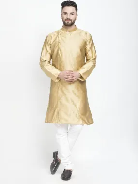 Men's Gold Self Design Kurta With White Churidaar Pyjama - Benstoke