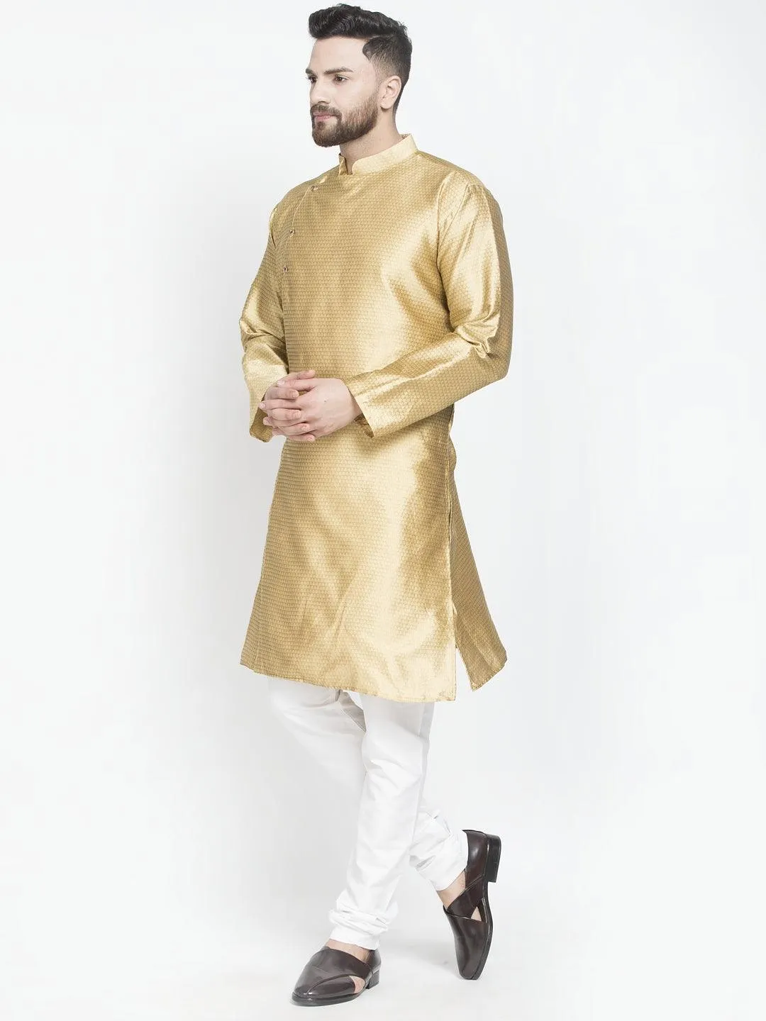 Men's Gold Self Design Kurta With White Churidaar Pyjama - Benstoke