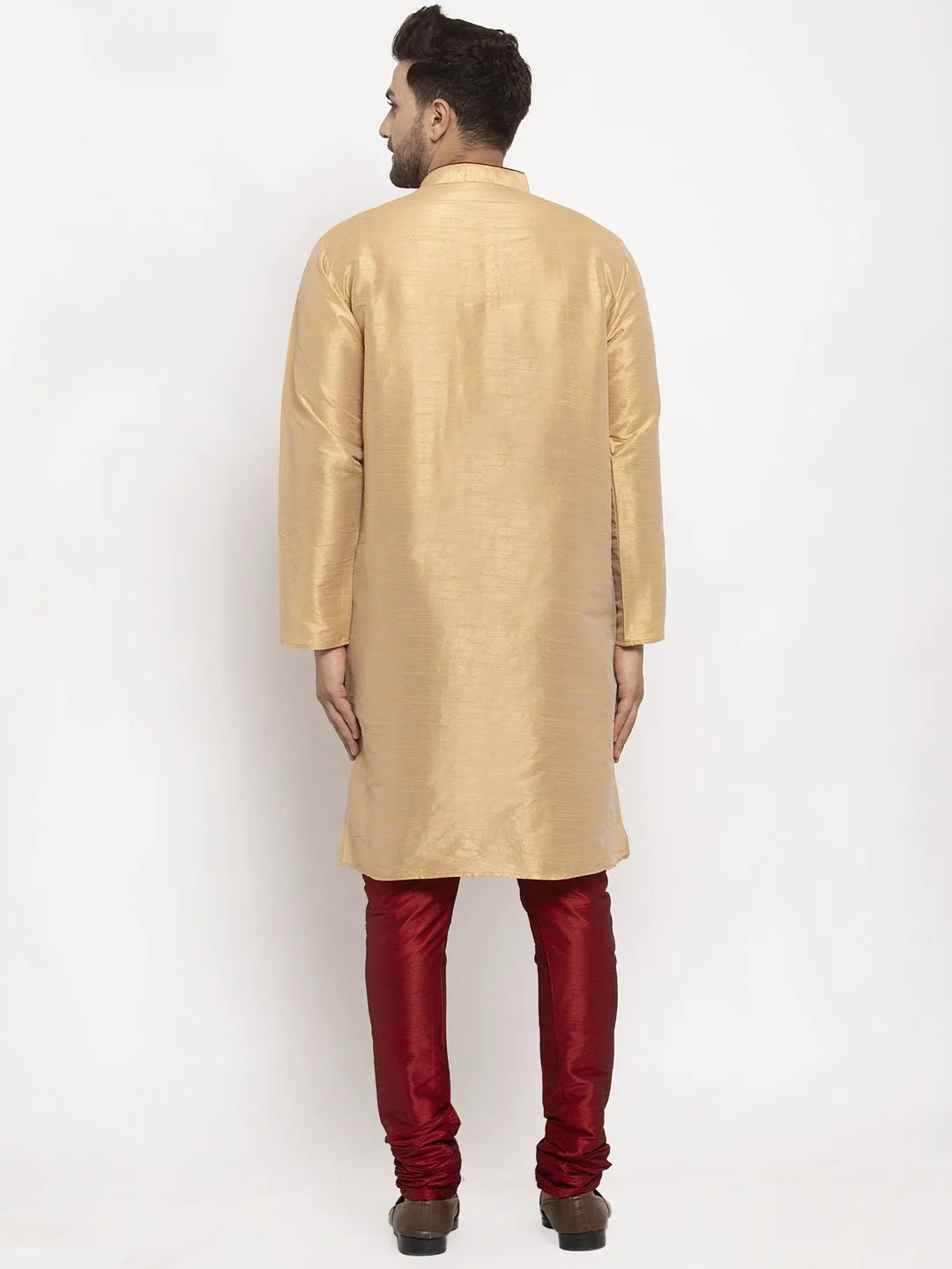 Men's Gold Solid Kurta With Maroon Churidaar Pyjama - Benstoke