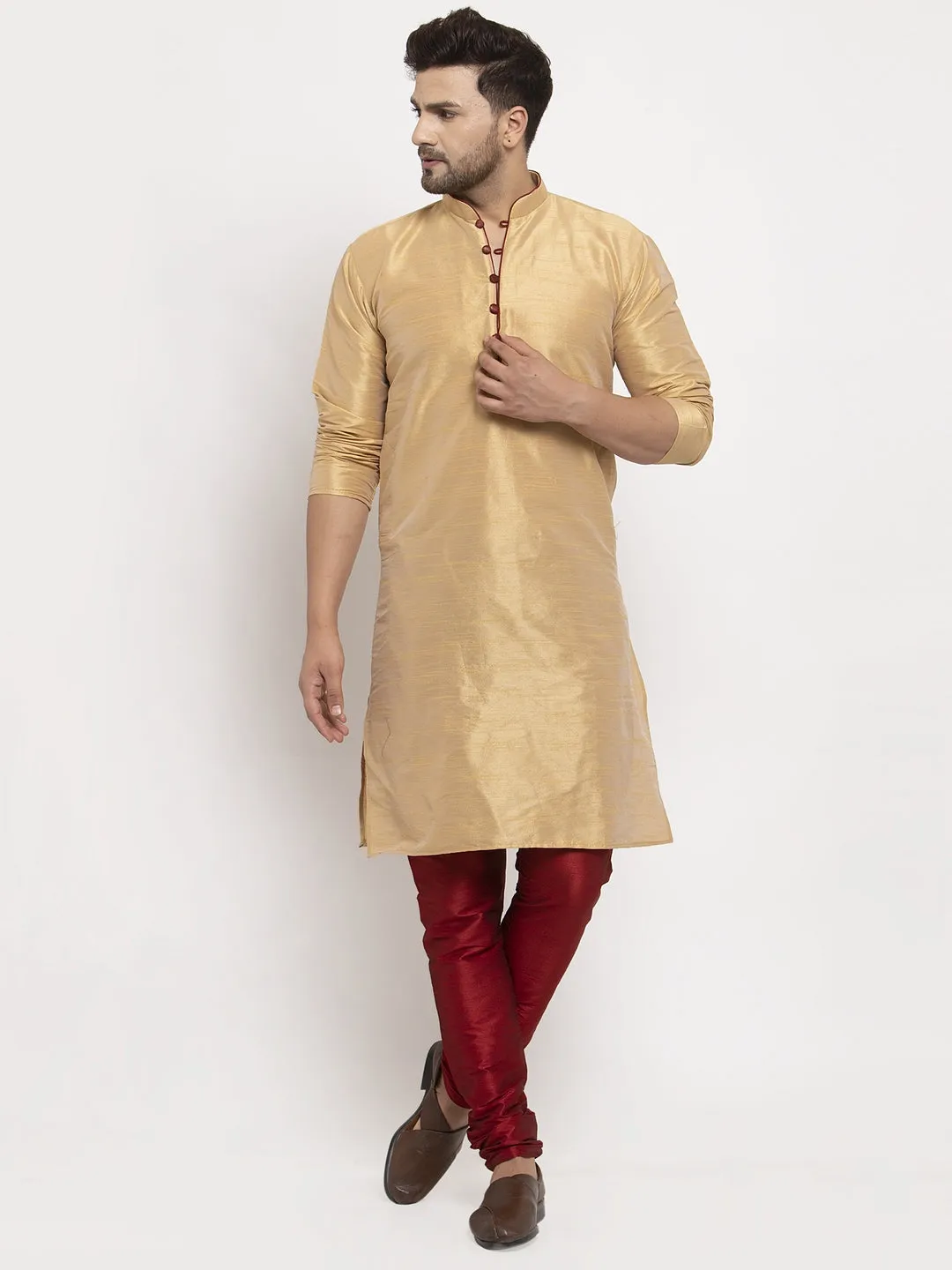 Men's Gold Solid Kurta With Maroon Churidaar Pyjama - Benstoke