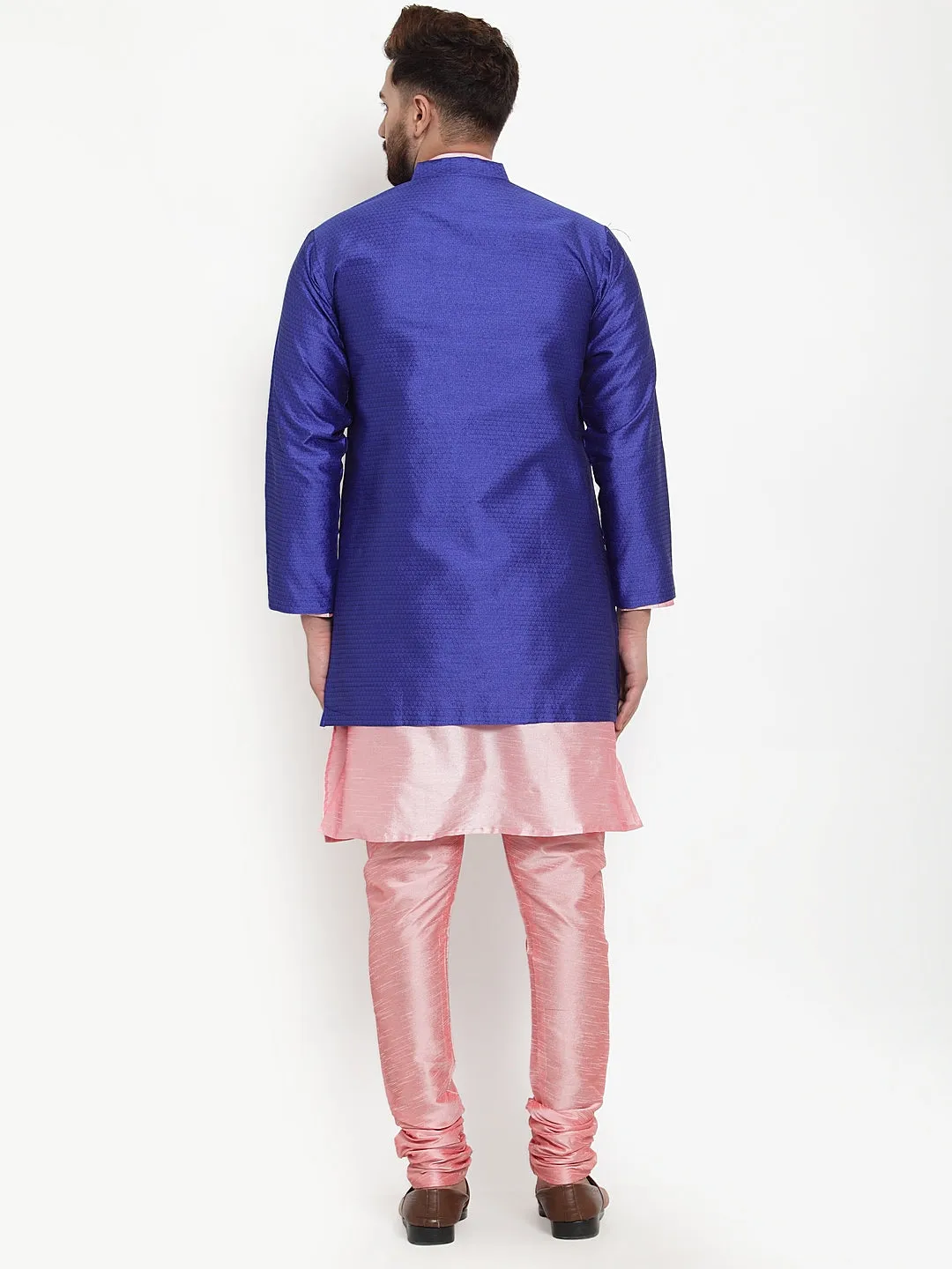 Men's Grey Kurta With Pyjama & Royal Blue Self Design Jacket - Benstoke