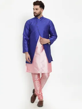 Men's Grey Kurta With Pyjama & Royal Blue Self Design Jacket - Benstoke