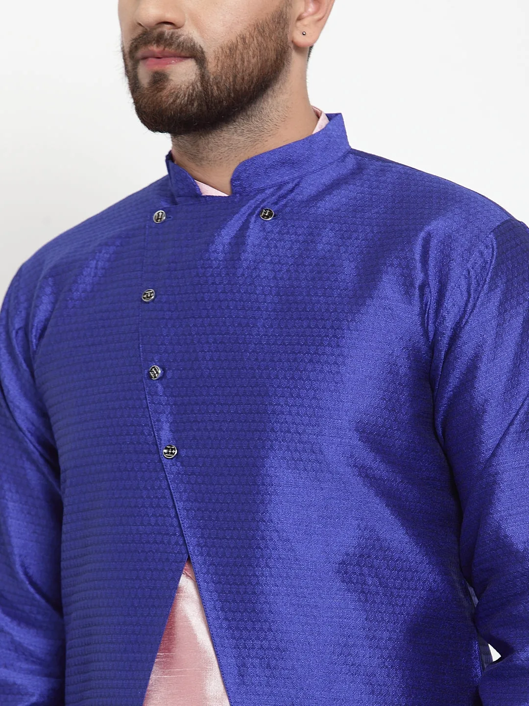 Men's Grey Kurta With Pyjama & Royal Blue Self Design Jacket - Benstoke