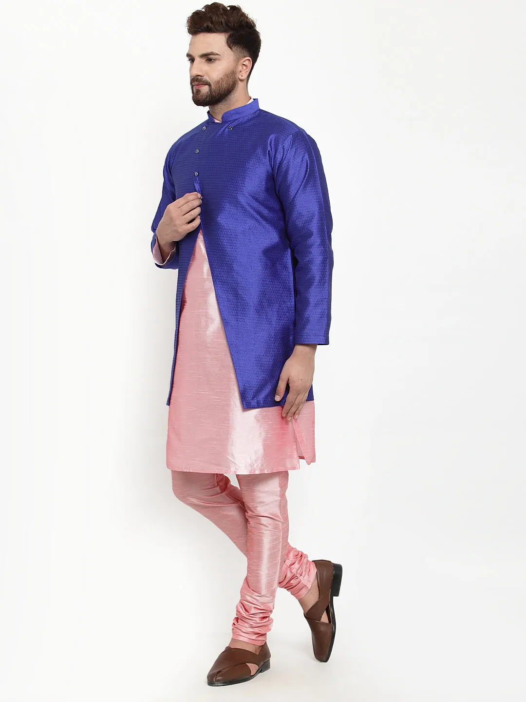 Men's Grey Kurta With Pyjama & Royal Blue Self Design Jacket - Benstoke