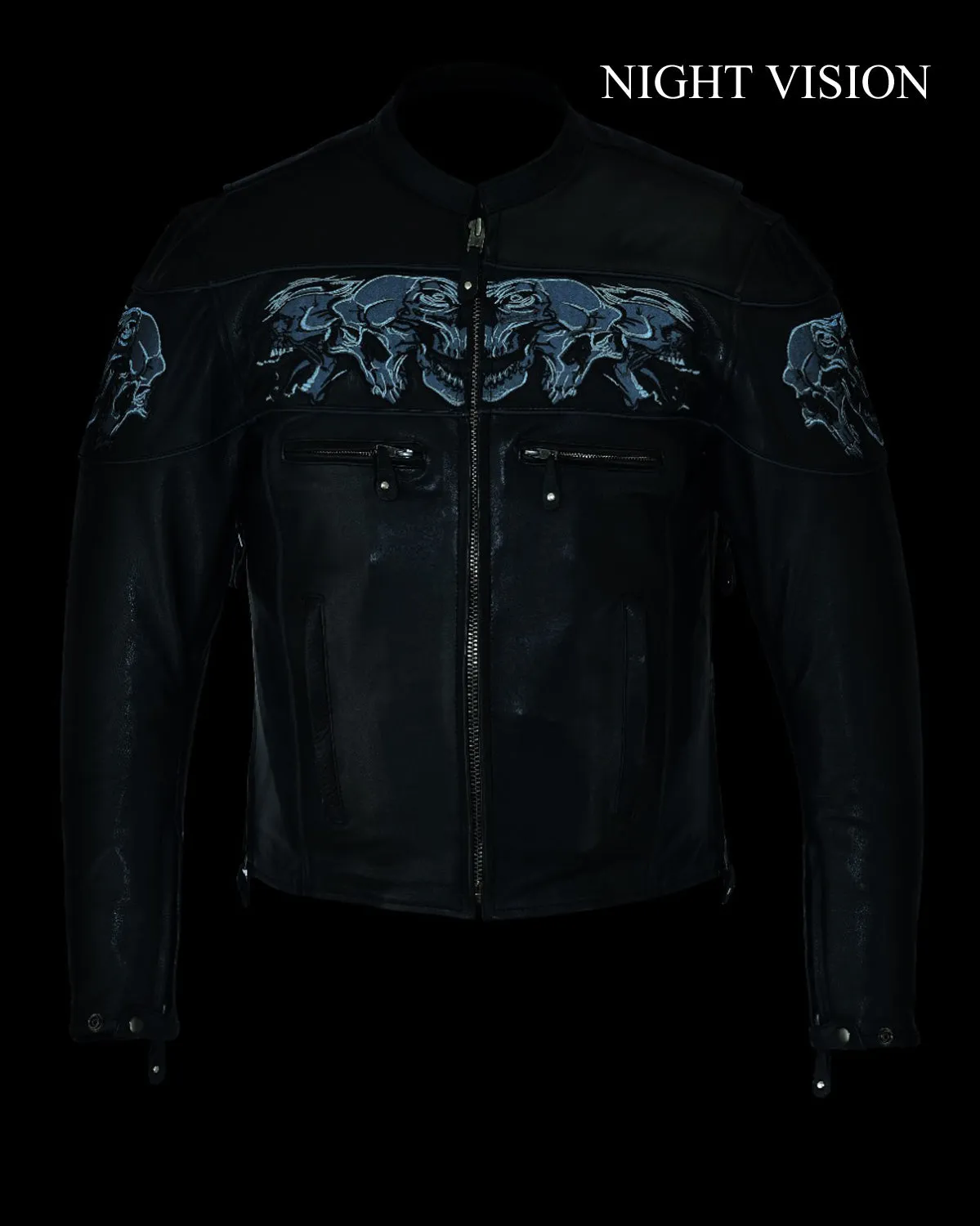 Men's Leather Concealed Carry Racing Jacket W/ Reflective Skulls