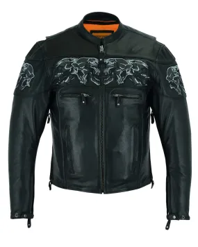 Men's Leather Concealed Carry Racing Jacket W/ Reflective Skulls