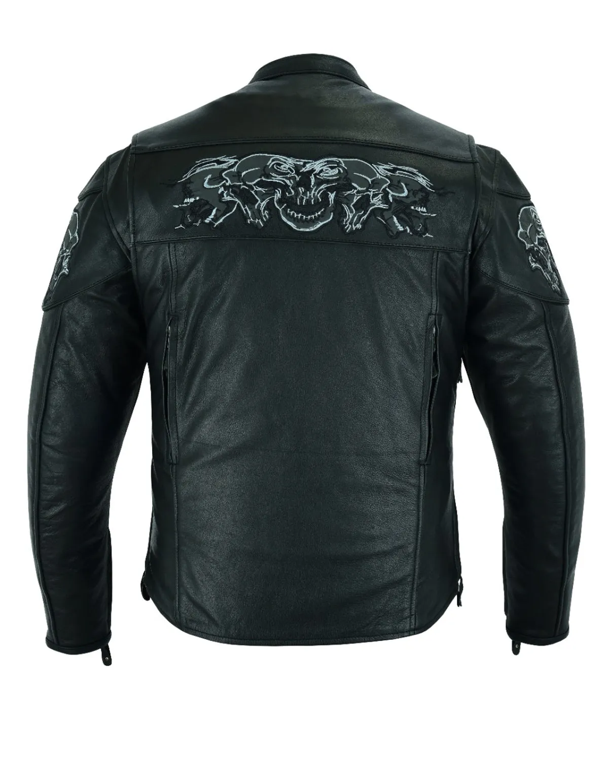 Men's Leather Concealed Carry Racing Jacket W/ Reflective Skulls