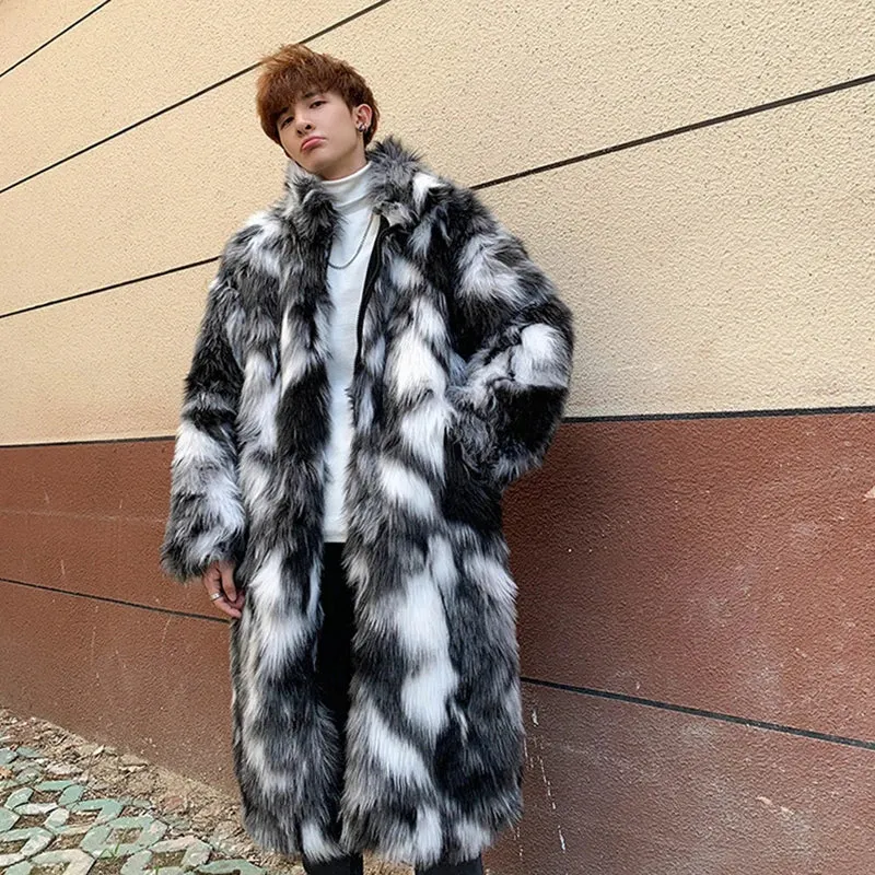 Men's Long Coat Wear New Trendy Faux Fur Cotton-padded Fitwarm Windproof Cloak Hip Hop Trendy Contrast Color  9Y358