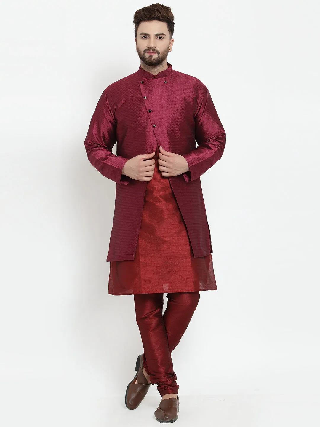 Men's Maroon Kurta With Pyjama & Wine Self Design Jacket - Benstoke