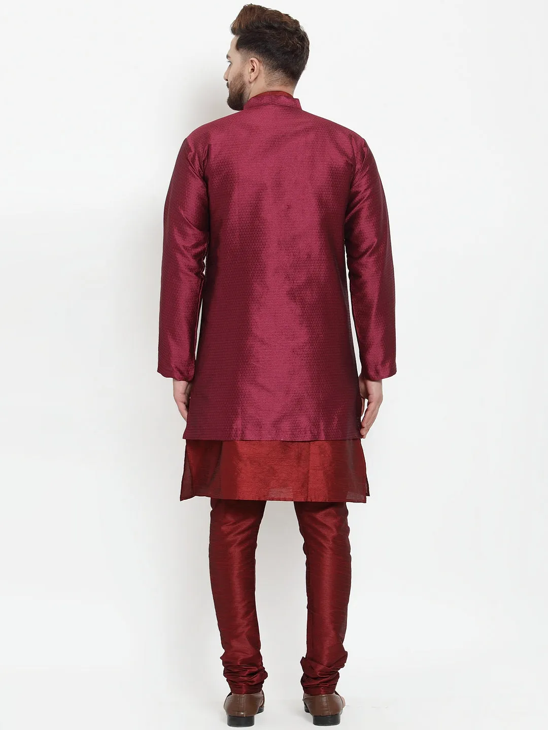 Men's Maroon Kurta With Pyjama & Wine Self Design Jacket - Benstoke