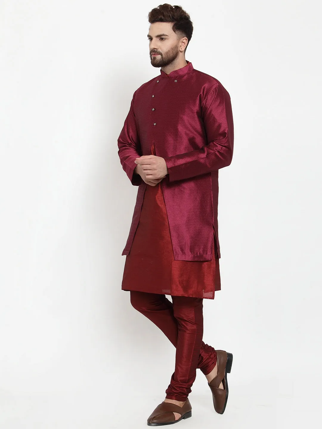 Men's Maroon Kurta With Pyjama & Wine Self Design Jacket - Benstoke