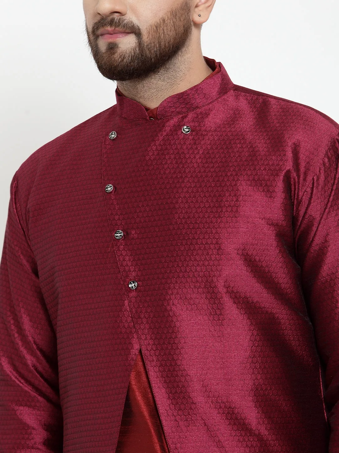 Men's Maroon Kurta With Pyjama & Wine Self Design Jacket - Benstoke