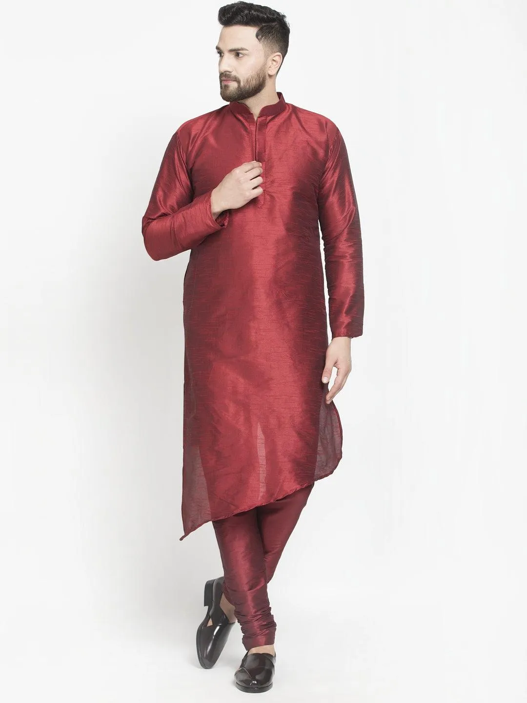 Men's Maroon Solid Asymmetric Kurta With Churidaar Pyjama - Benstoke