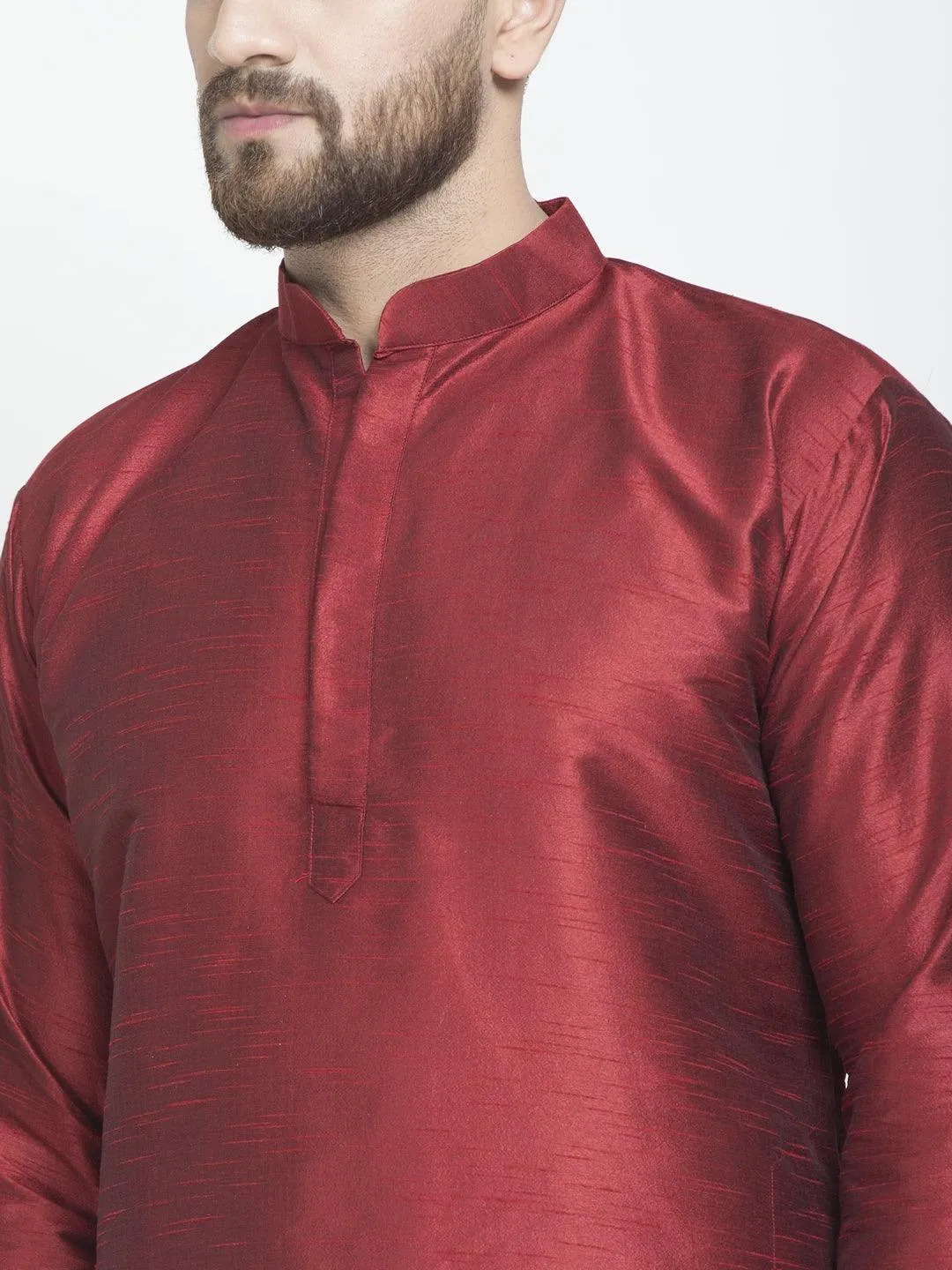 Men's Maroon Solid Asymmetric Kurta With Churidaar Pyjama - Benstoke