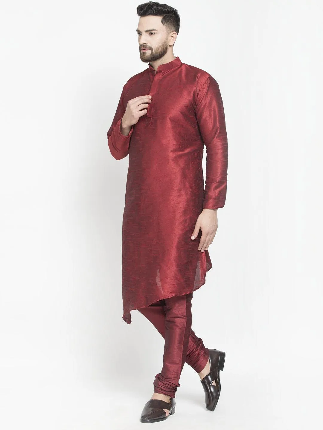 Men's Maroon Solid Asymmetric Kurta With Churidaar Pyjama - Benstoke