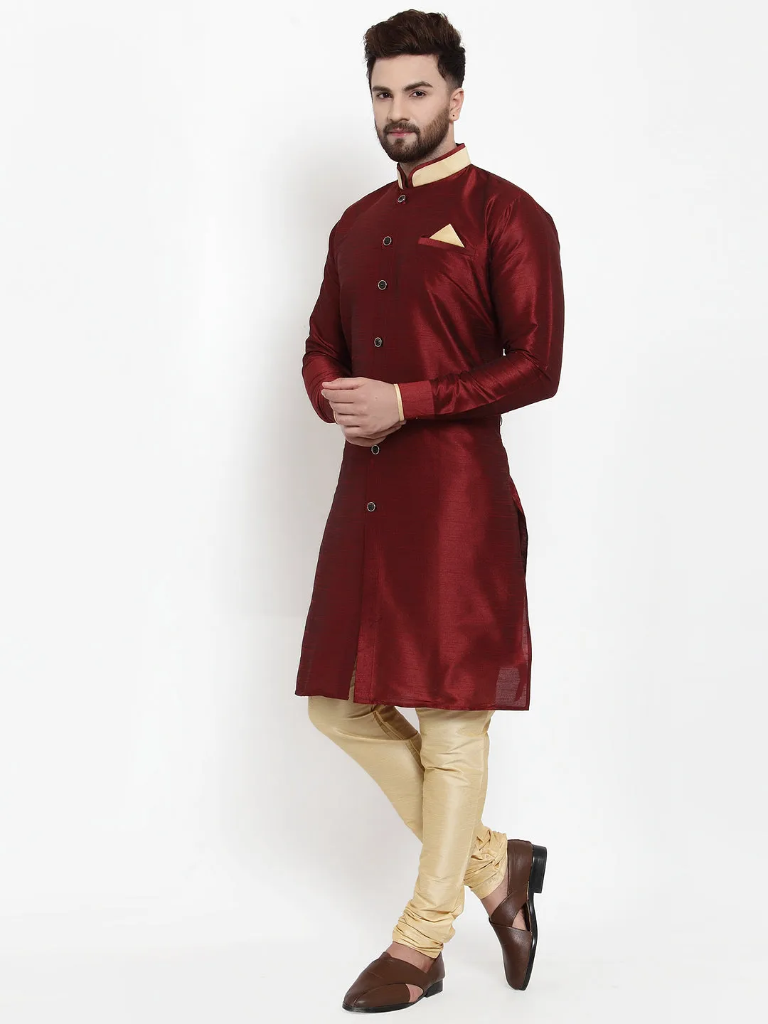 Men's Maroon Solid Kurta With Beige Churidaar Pyjama Set - Benstoke