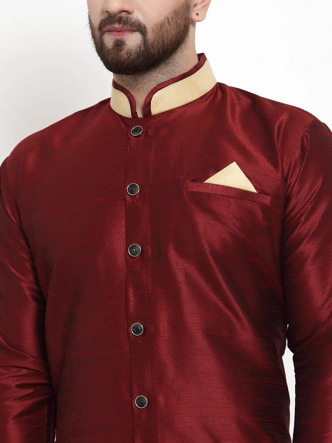 Men's Maroon Solid Kurta With Beige Churidaar Pyjama Set - Benstoke