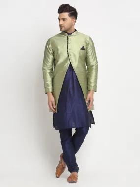 Men's Navy Blue Kurta With Pyjama & Beige Self Design Jacket - Benstoke