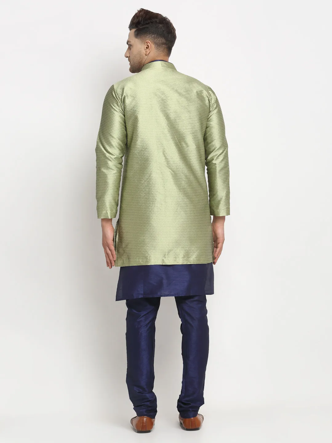 Men's Navy Blue Kurta With Pyjama & Beige Self Design Jacket - Benstoke