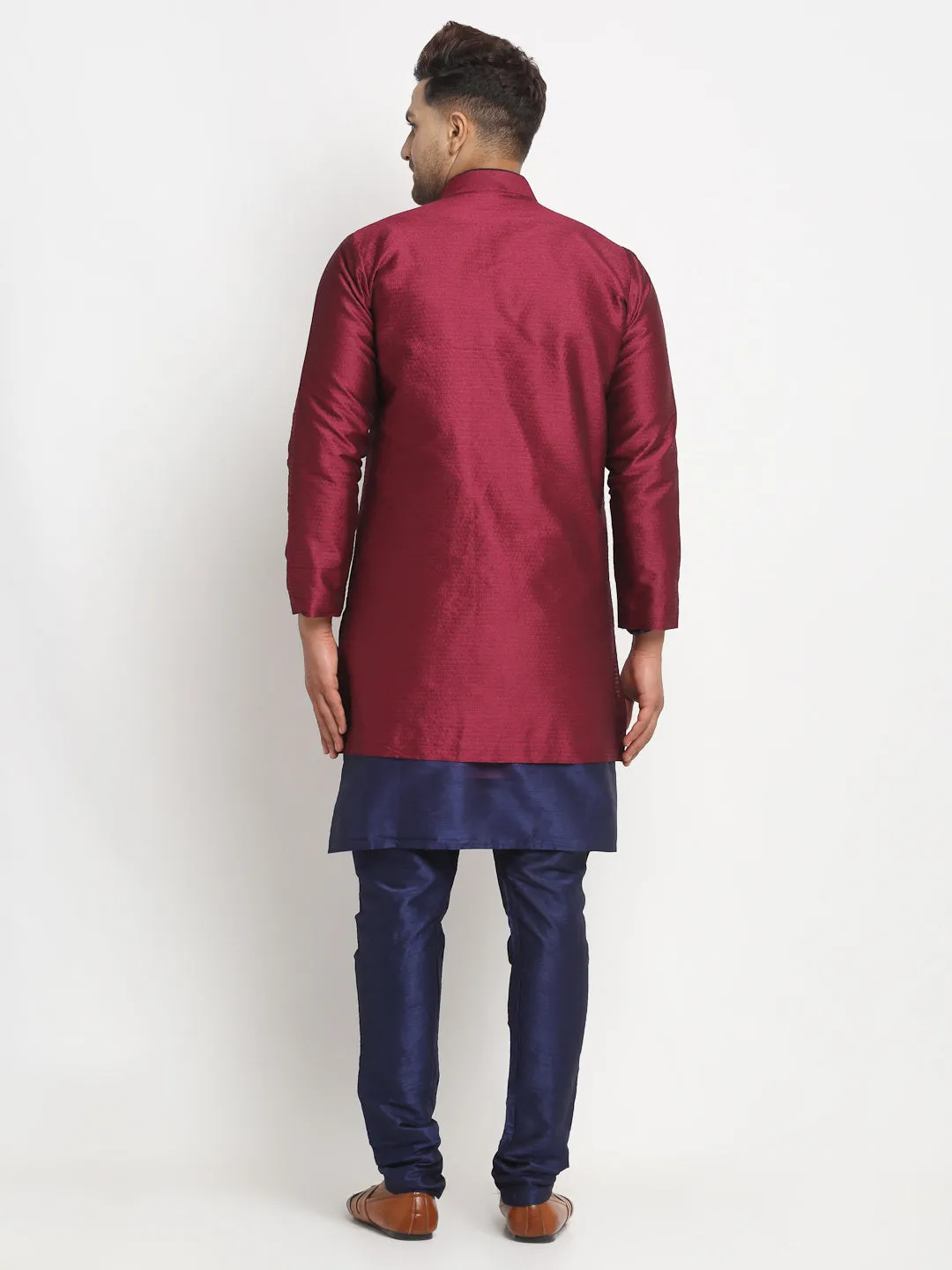 Men's Navy Blue Kurta With Pyjama & Burgundy Self Design Jacket - Benstoke