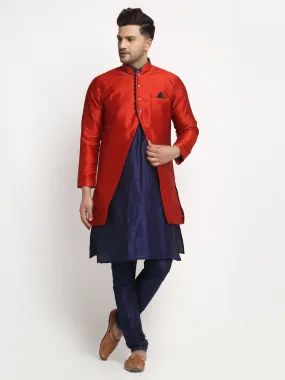 Men's Navy Blue Kurta With Pyjama & Red Self Design Jacket - Benstoke