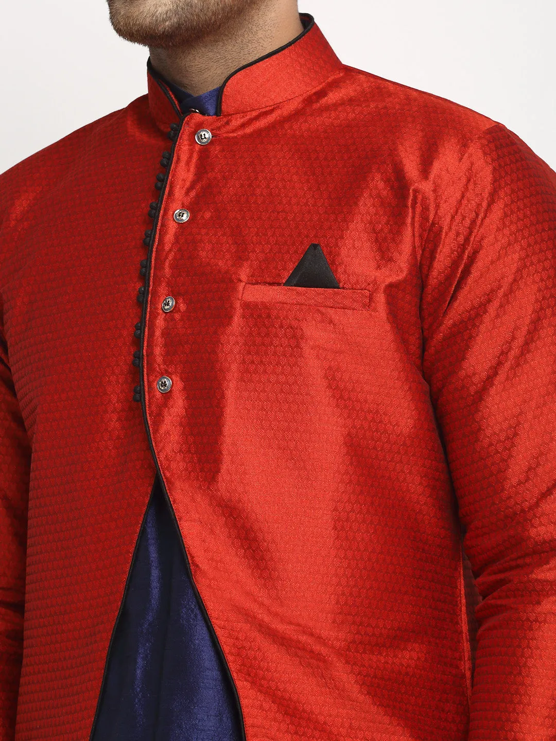 Men's Navy Blue Kurta With Pyjama & Red Self Design Jacket - Benstoke