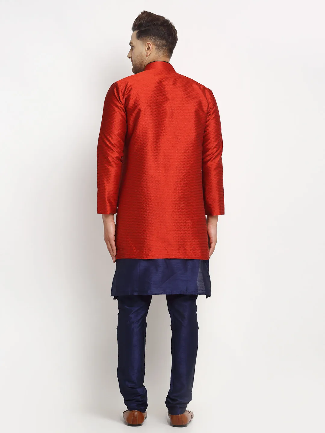 Men's Navy Blue Kurta With Pyjama & Red Self Design Jacket - Benstoke