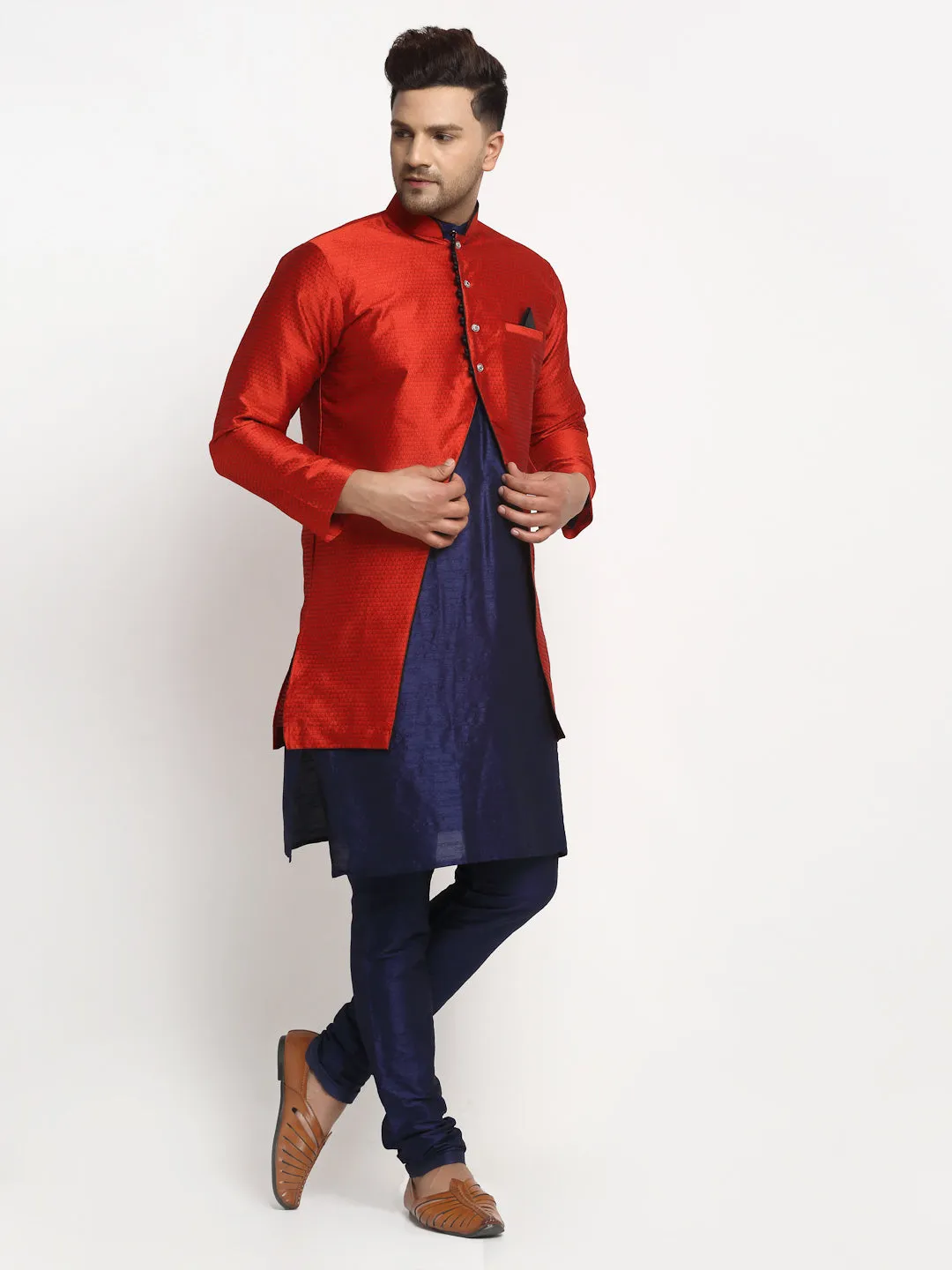 Men's Navy Blue Kurta With Pyjama & Red Self Design Jacket - Benstoke