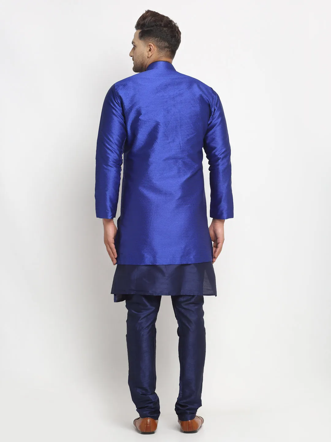 Men's Navy Blue Kurta With Pyjama & Royal Blue Self Design Jacket - Benstoke