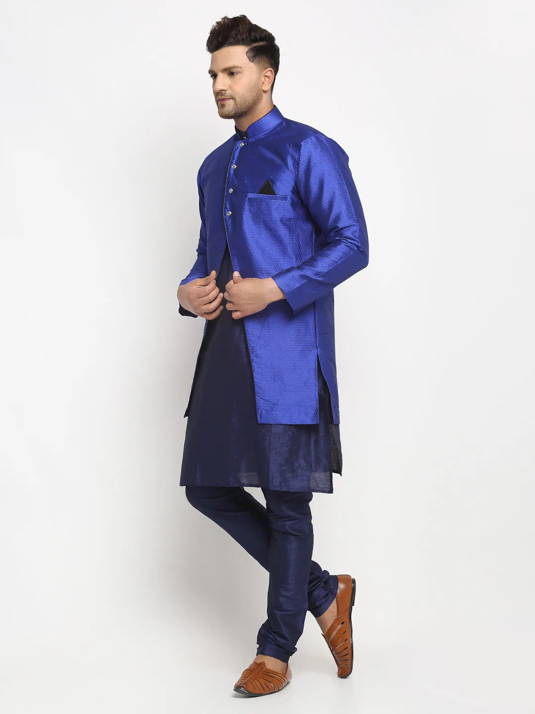 Men's Navy Blue Kurta With Pyjama & Royal Blue Self Design Jacket - Benstoke