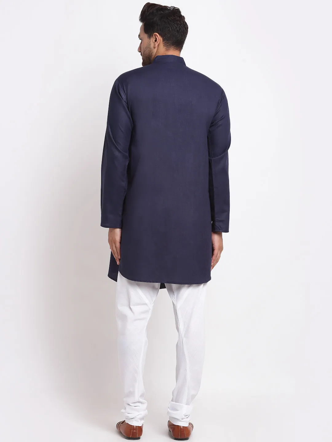 Men's Navy Blue Solid Angrakha Kurta With White Churidaar Pyjama - Benstoke