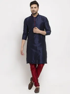 Men's Navy Blue Solid Kurta With Maroon Churidaar Pyjama - Benstoke