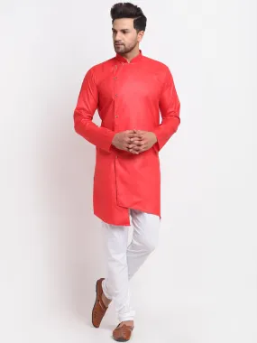 Men's Red Solid Angrakha Kurta With White Churidaar Pyjama - Benstoke