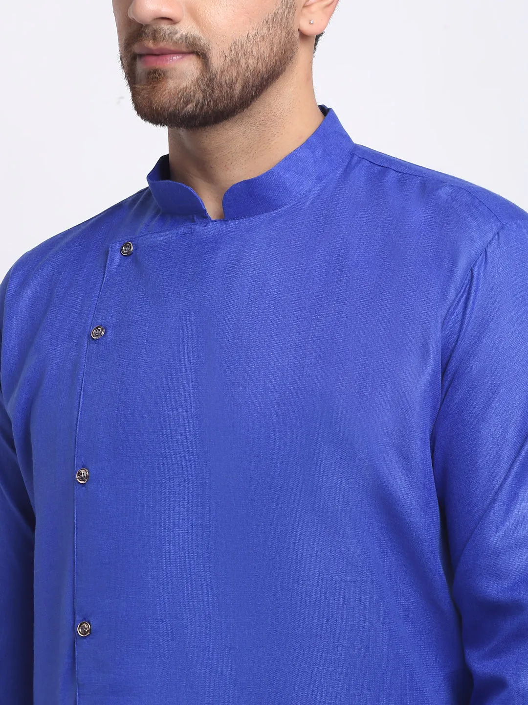 Men's Royal Blue Solid Angrakha Kurta With White Churidaar Pyjama - Benstoke