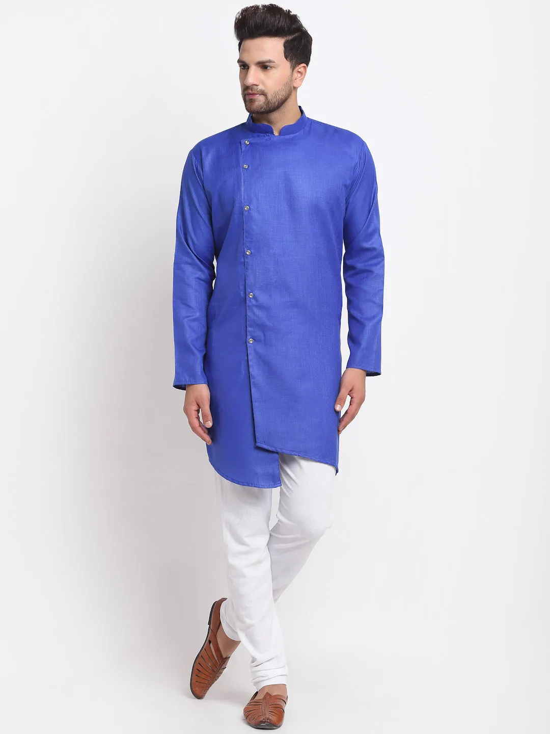 Men's Royal Blue Solid Angrakha Kurta With White Churidaar Pyjama - Benstoke