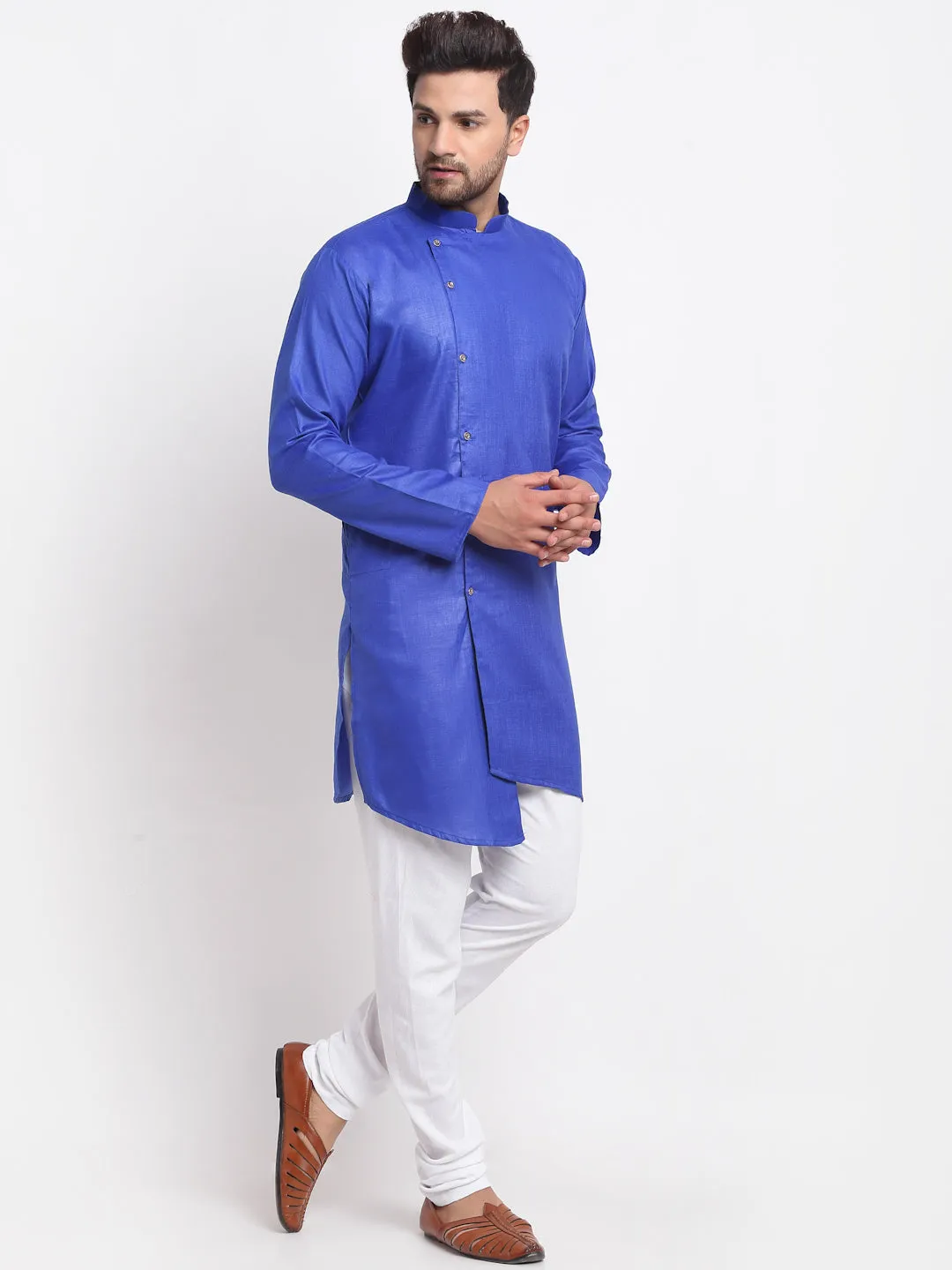 Men's Royal Blue Solid Angrakha Kurta With White Churidaar Pyjama - Benstoke