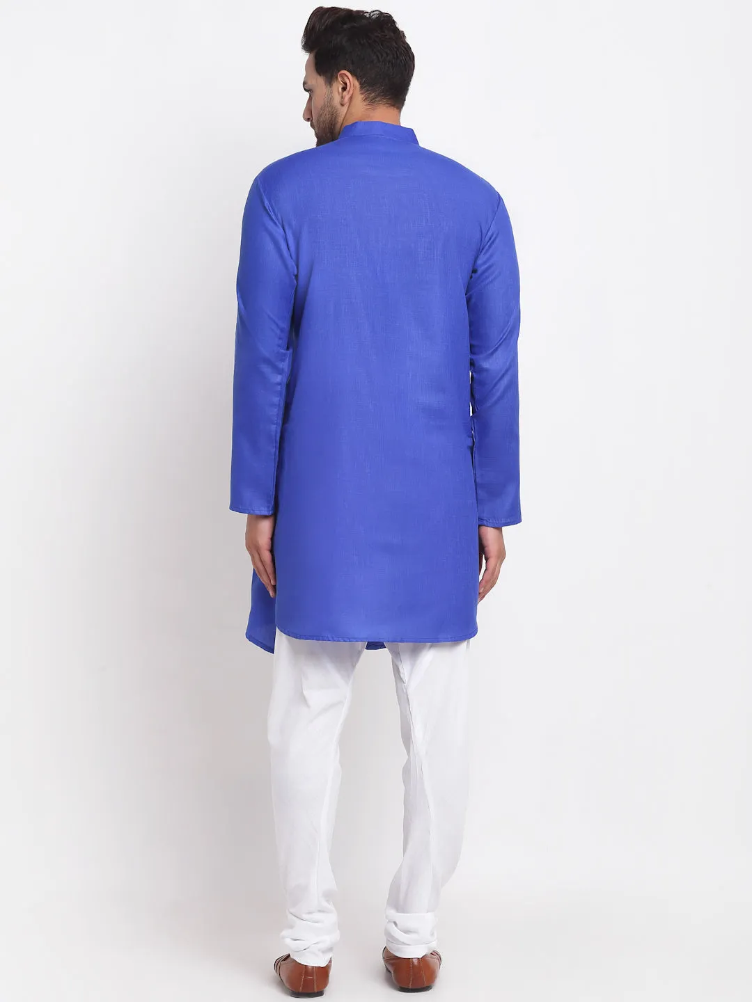 Men's Royal Blue Solid Angrakha Kurta With White Churidaar Pyjama - Benstoke