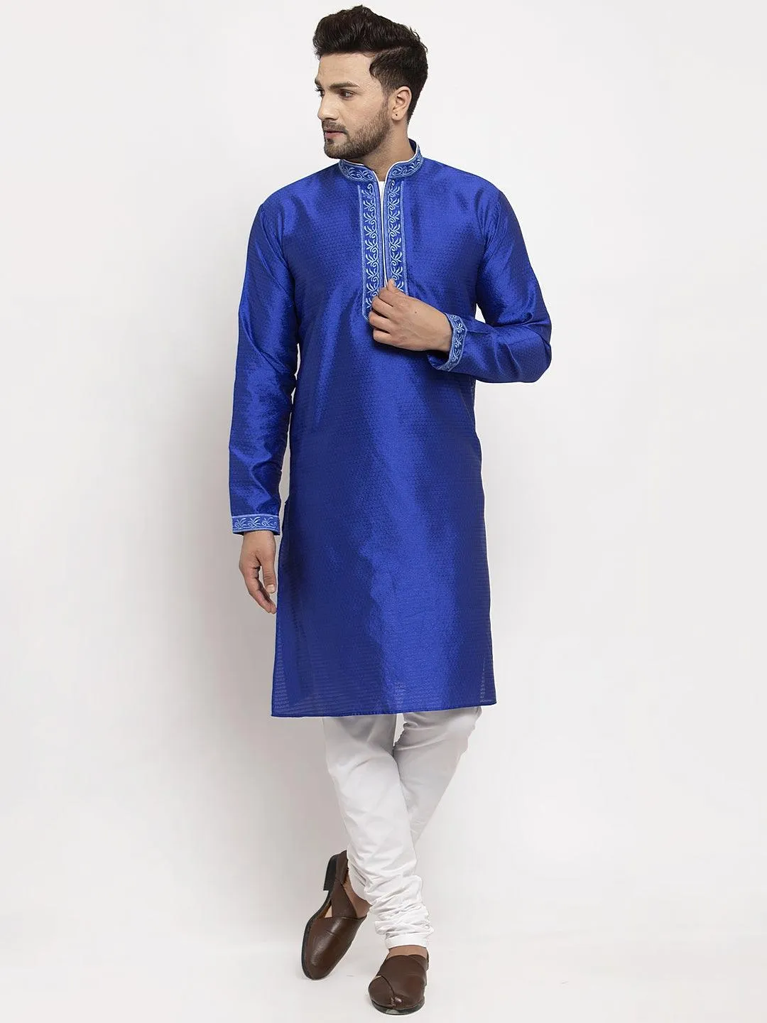 Men's Royal Blue Yoke Design Solid Kurta With White Churidaar Pyjama - Benstoke