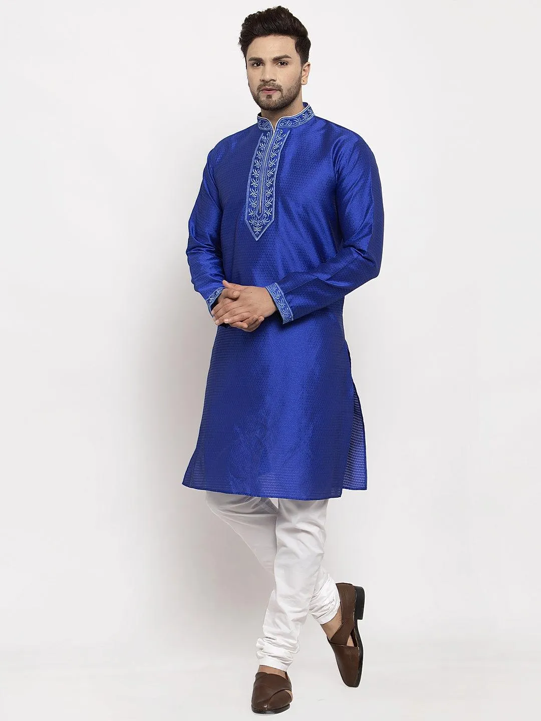 Men's Royal Blue Yoke Design Solid Kurta With White Churidaar Pyjama - Benstoke