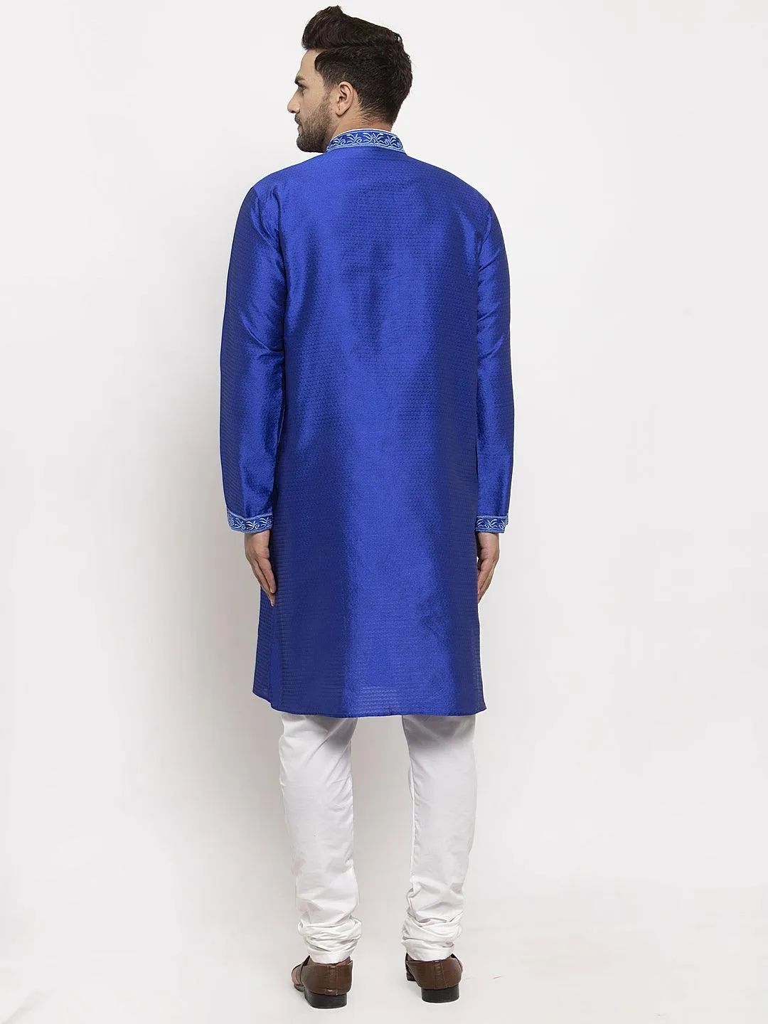 Men's Royal Blue Yoke Design Solid Kurta With White Churidaar Pyjama - Benstoke