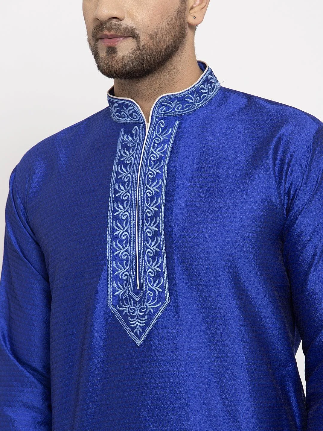 Men's Royal Blue Yoke Design Solid Kurta With White Churidaar Pyjama - Benstoke