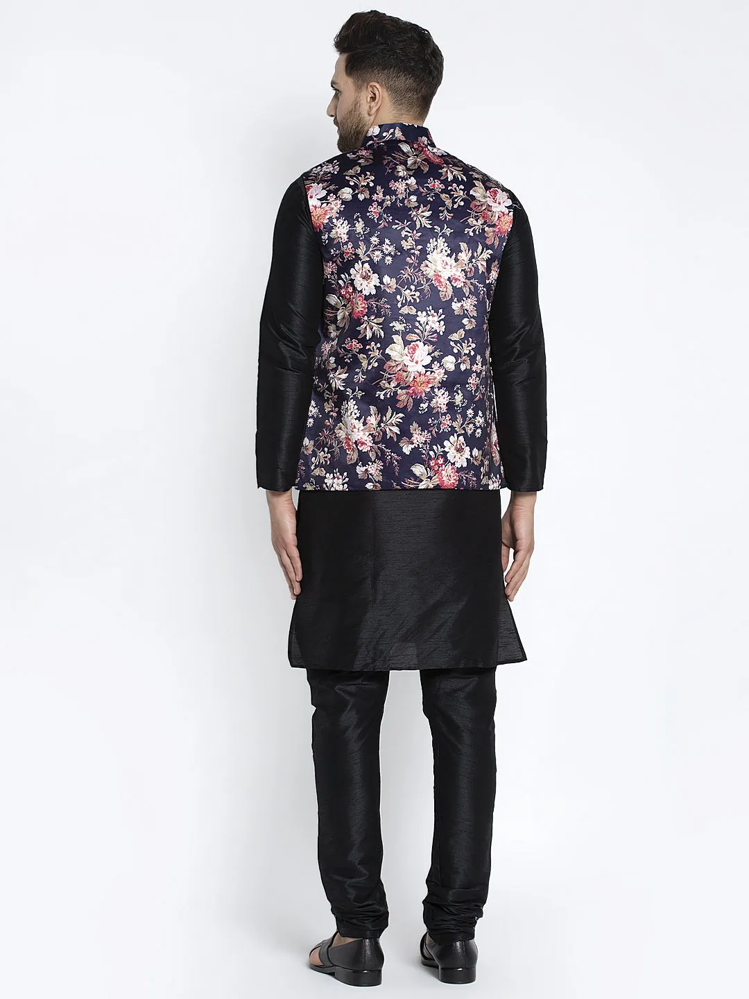 Men's Silk Blend Black Kurta With Pyjama & Navy Blue Printed Nehru Jacket - Benstoke