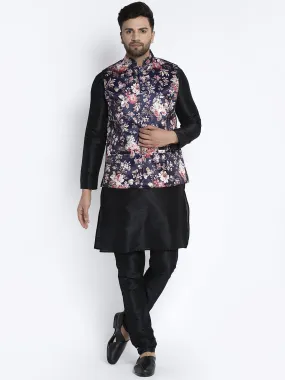 Men's Silk Blend Black Kurta With Pyjama & Navy Blue Printed Nehru Jacket - Benstoke