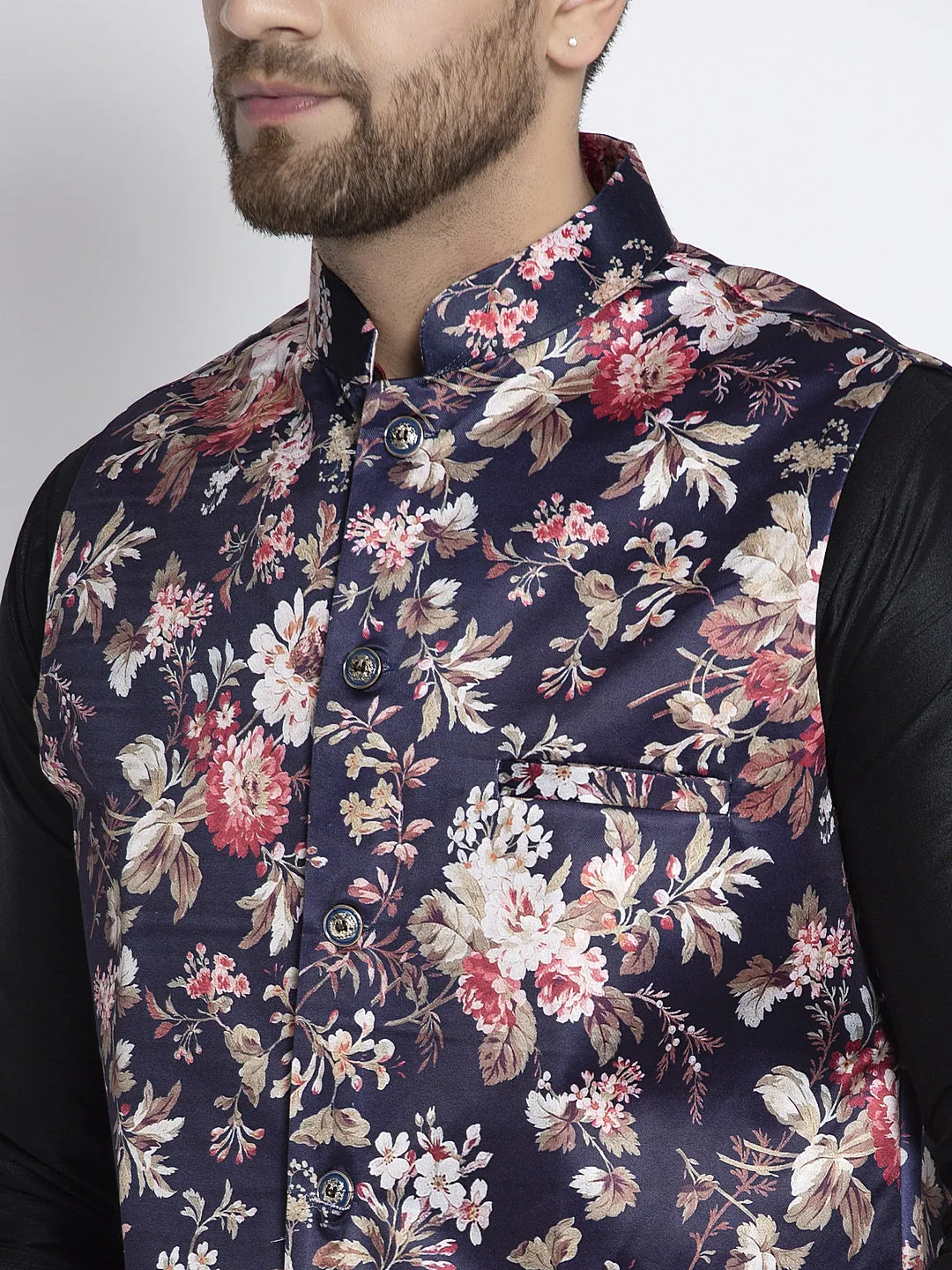 Men's Silk Blend Black Kurta With Pyjama & Navy Blue Printed Nehru Jacket - Benstoke